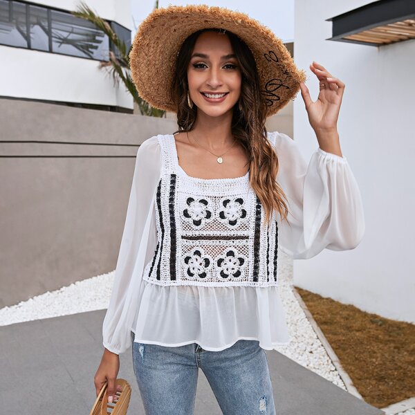 

Contrast Crochet Peplum Top, White