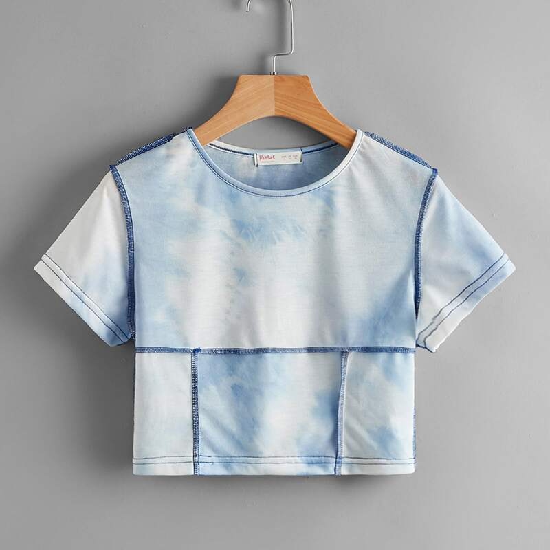 

Contrast Piping Tie Dye Crop Tee, Blue and white