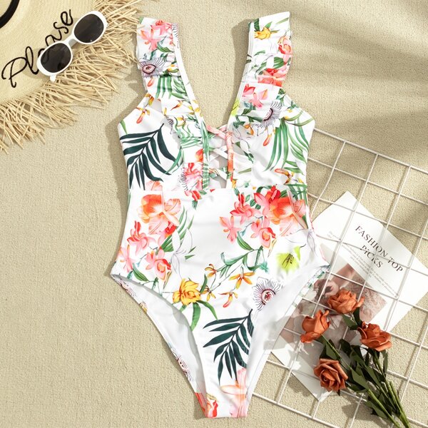 

Floral & Leaf Print Ruffle One Piece Swimsuit, Multicolor