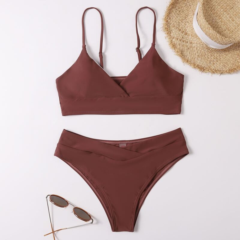 

Solid Cami Bikini Swimsuit, Brown