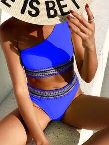 Contrast Trim One Shoulder Bikini Set - Blue - View 1