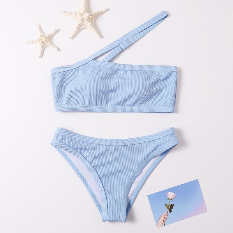 

Ribbed One Shoulder Bikini Swimsuit, Baby blue