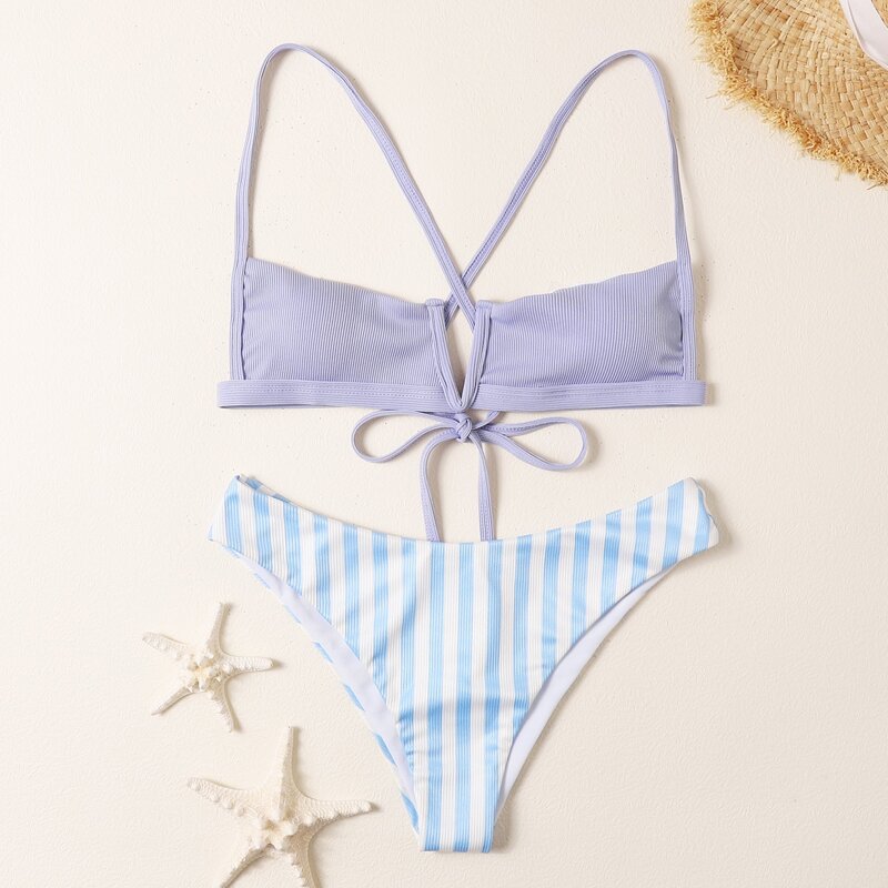 

Stripe Crisscross Back Bikini Swimsuit, Multicolor