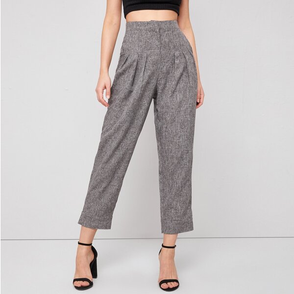 

Zipper Fly Fold Pleated Linen Look Pants, Grey
