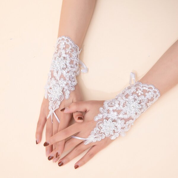 

Flower Embroidery Lace Long Gloves, White