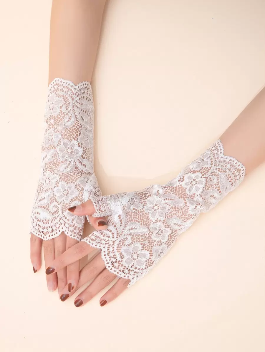 Flower Lace Open Finger Gloves Valentine's Day Valentines Autumn Accessories - White - View 1