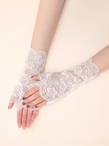 Flower Lace Open Finger Gloves Valentine's Day Valentines Autumn Accessories - White - View 2
