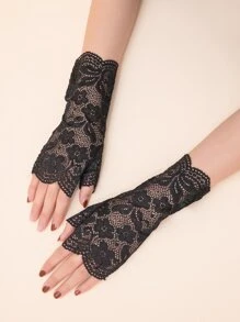 Elegant Flower Lace Open Finger Gloves - Black - View 1