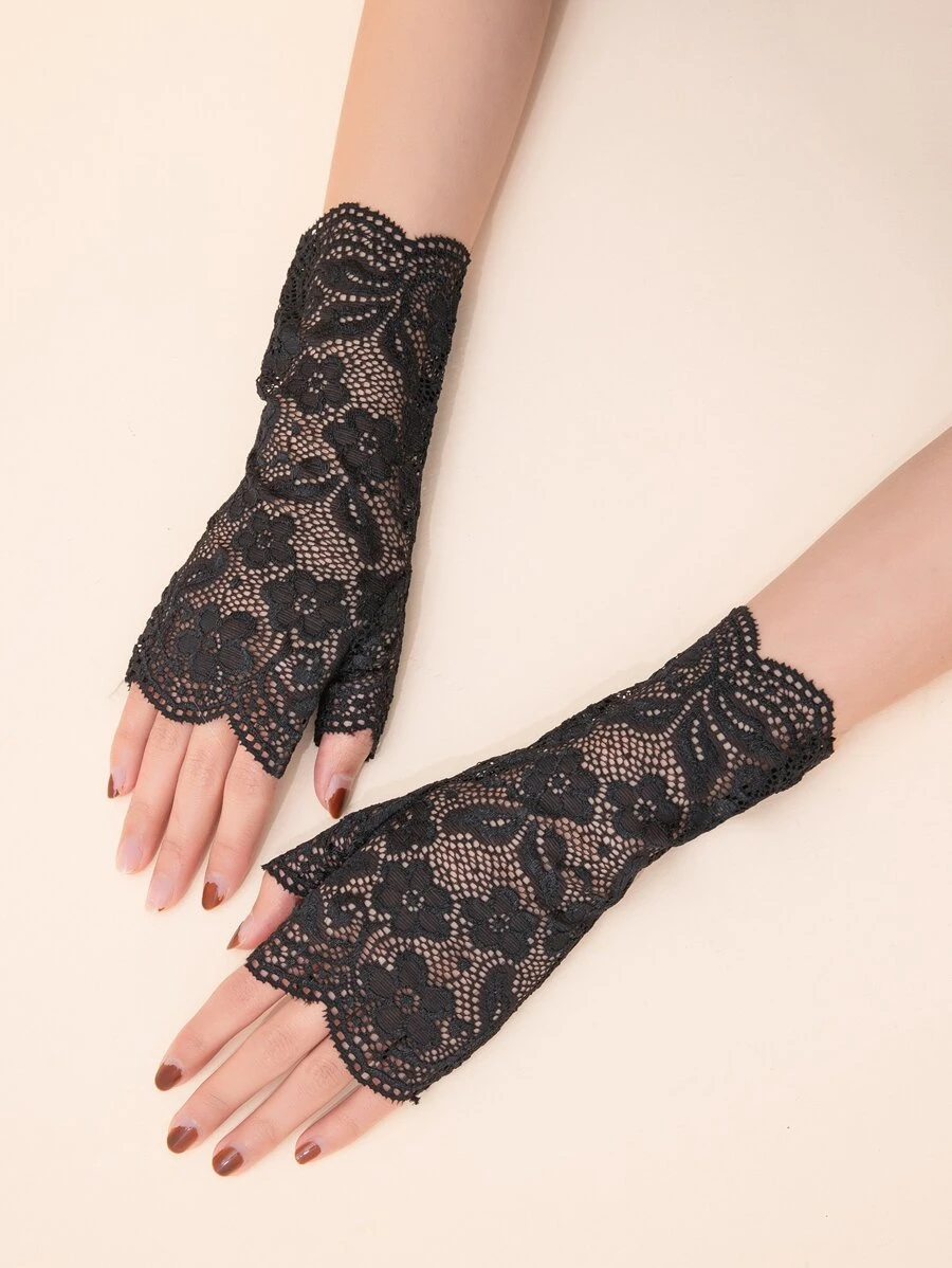 Elegant Flower Lace Open Finger Gloves - Black - View 1