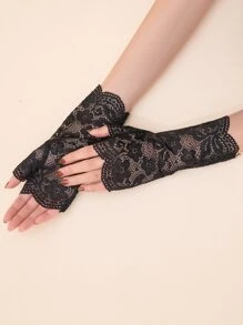 Elegant Flower Lace Open Finger Gloves - Black - View 2