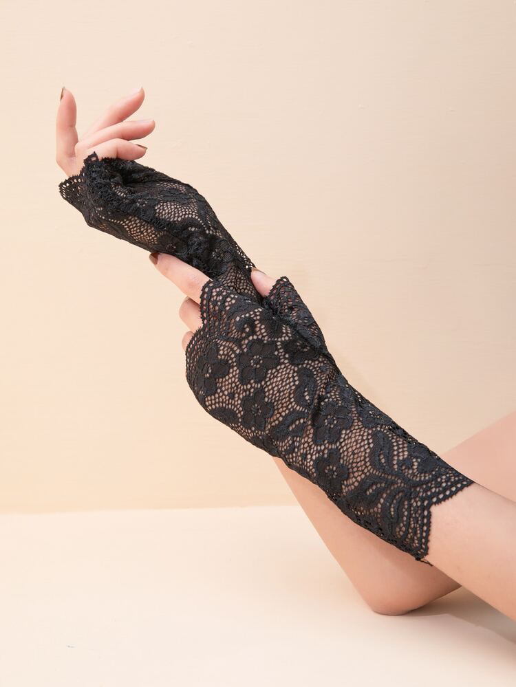 Elegantes guantes con encaje de flores y dedos al aire - Negro - Añade 3