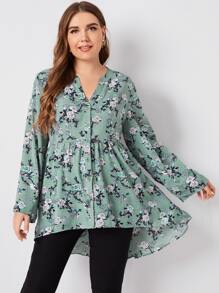 SHEIN Unity Plus Notched Neck Dip Hem Floral Blouse - Multicolor - View 3