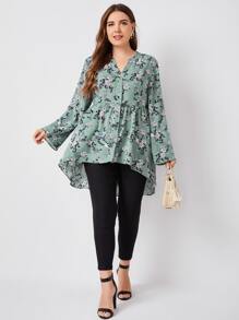 SHEIN Unity Plus Notched Neck Dip Hem Floral Blouse - Multicolor - View 5