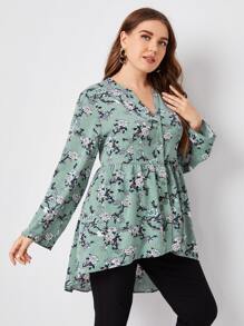 SHEIN Unity Plus Notched Neck Dip Hem Floral Blouse - Multicolor - View 1