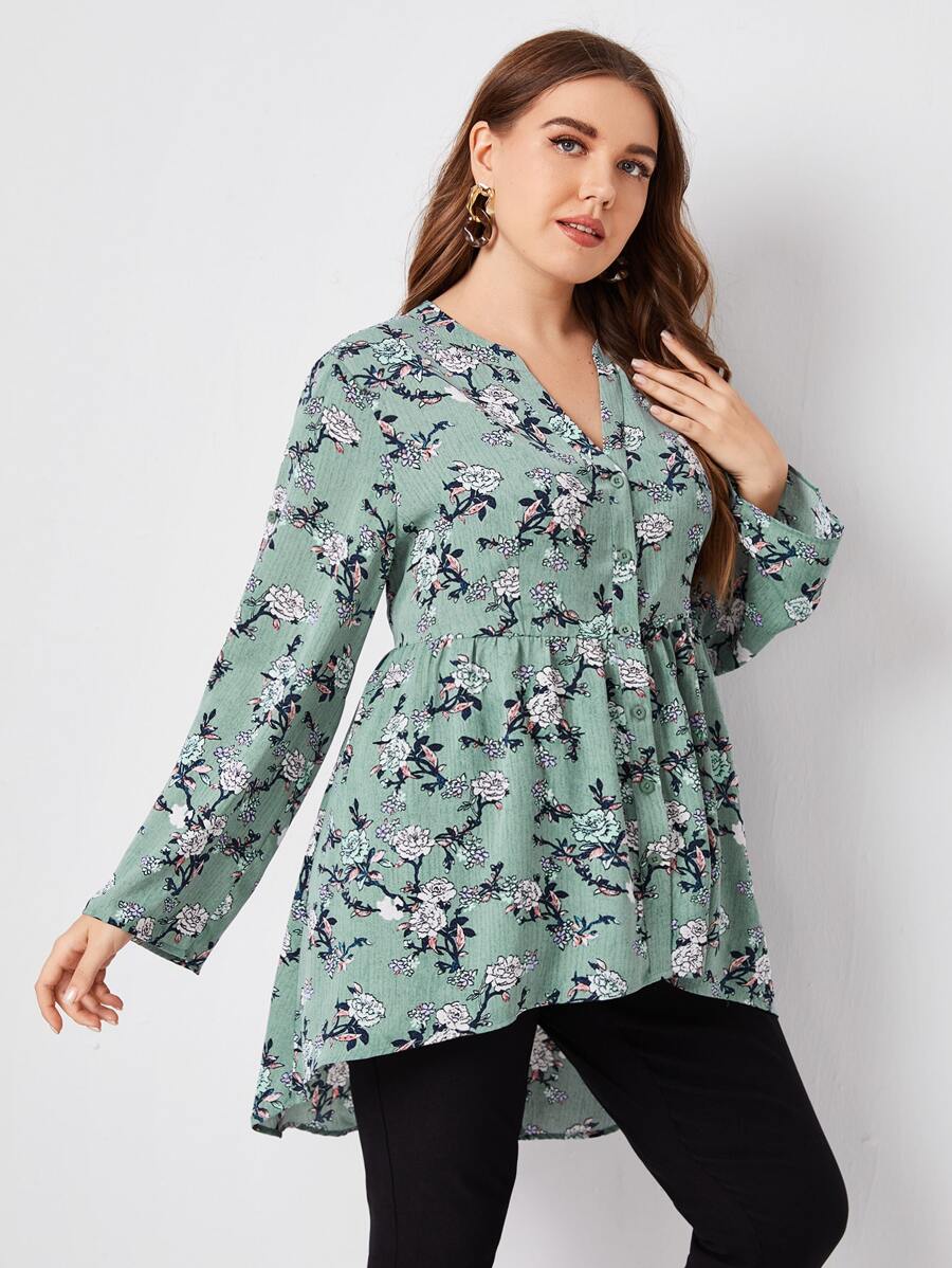 SHEIN Unity Plus Notched Neck Dip Hem Floral Blouse - Multicolor - View 1