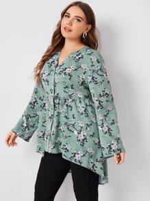 SHEIN Unity Plus Notched Neck Dip Hem Floral Blouse - Multicolor - View 4