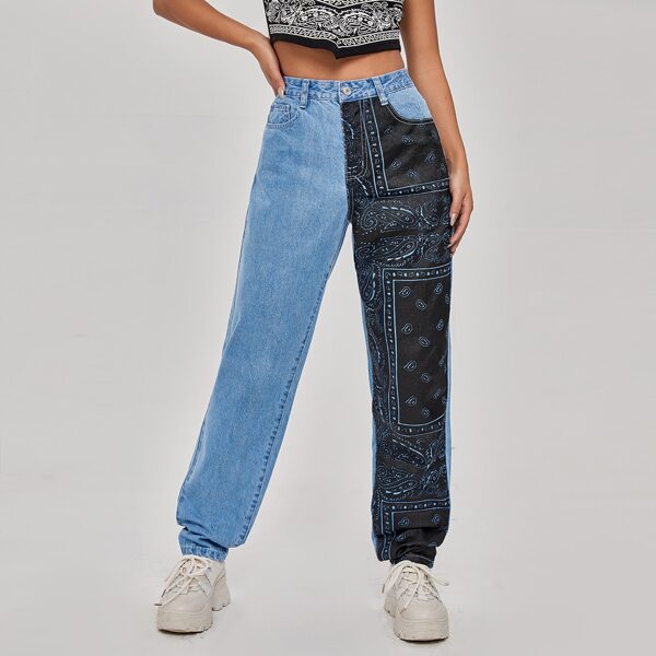 

High Waist Scarf Print Two Tone Jeans, Multicolor