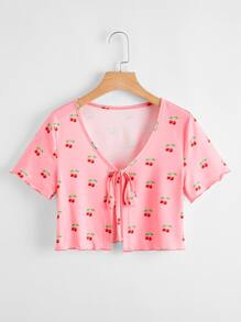 Cherry Print Lettuce Trim Tie Front Top - Pink - View 1