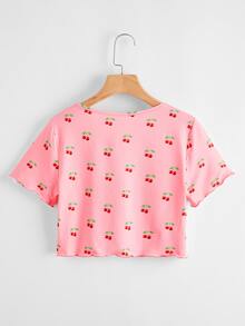 Cherry Print Lettuce Trim Tie Front Top - Pink - View 2