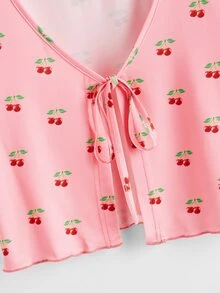 Cherry Print Lettuce Trim Tie Front Top - Pink - View 3