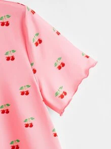 Cherry Print Lettuce Trim Tie Front Top - Pink - View 4