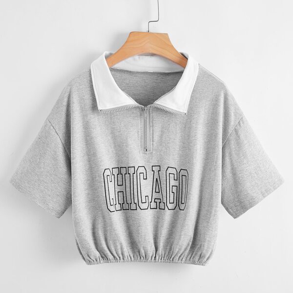 

Letter Graphic Half Zip Crop Tee, Light grey