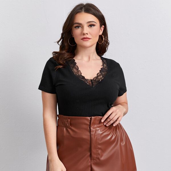 

Plus Lace Trim Rib-knit Tee, Black