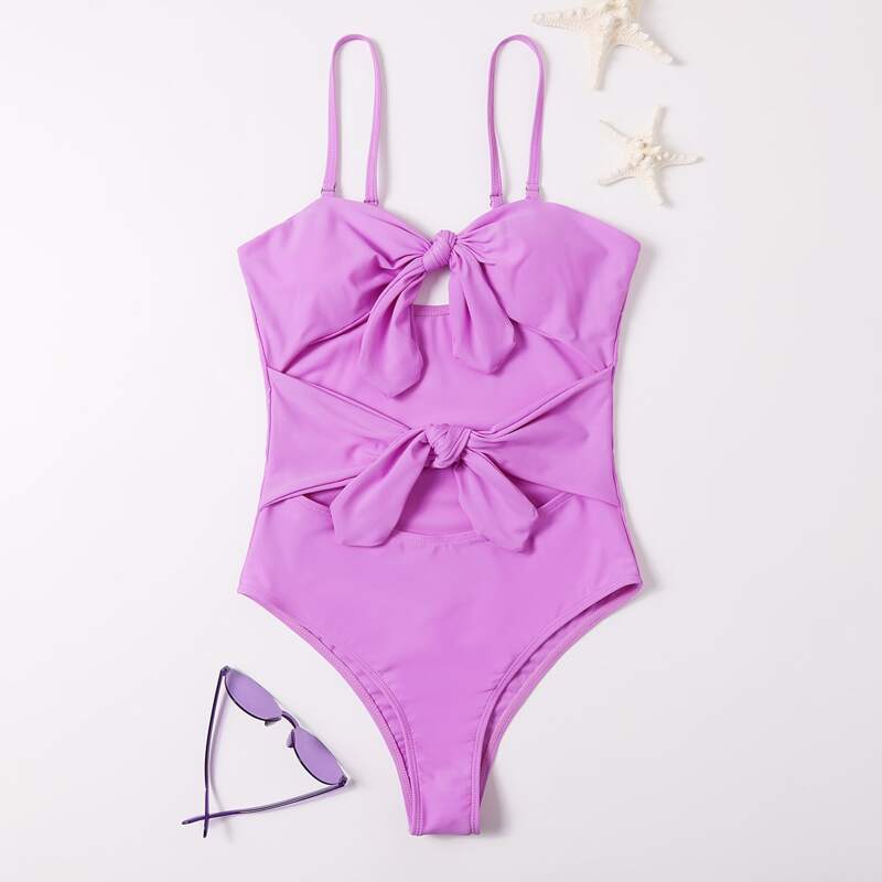 

Knot Front Cut-out One Piece Swimsuit, Purple