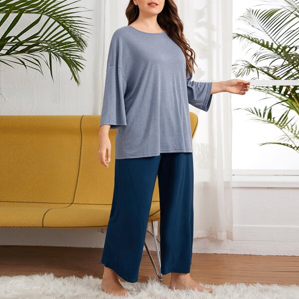 

Plus Drop Shoulder Top & Pants PJ Set, Blue