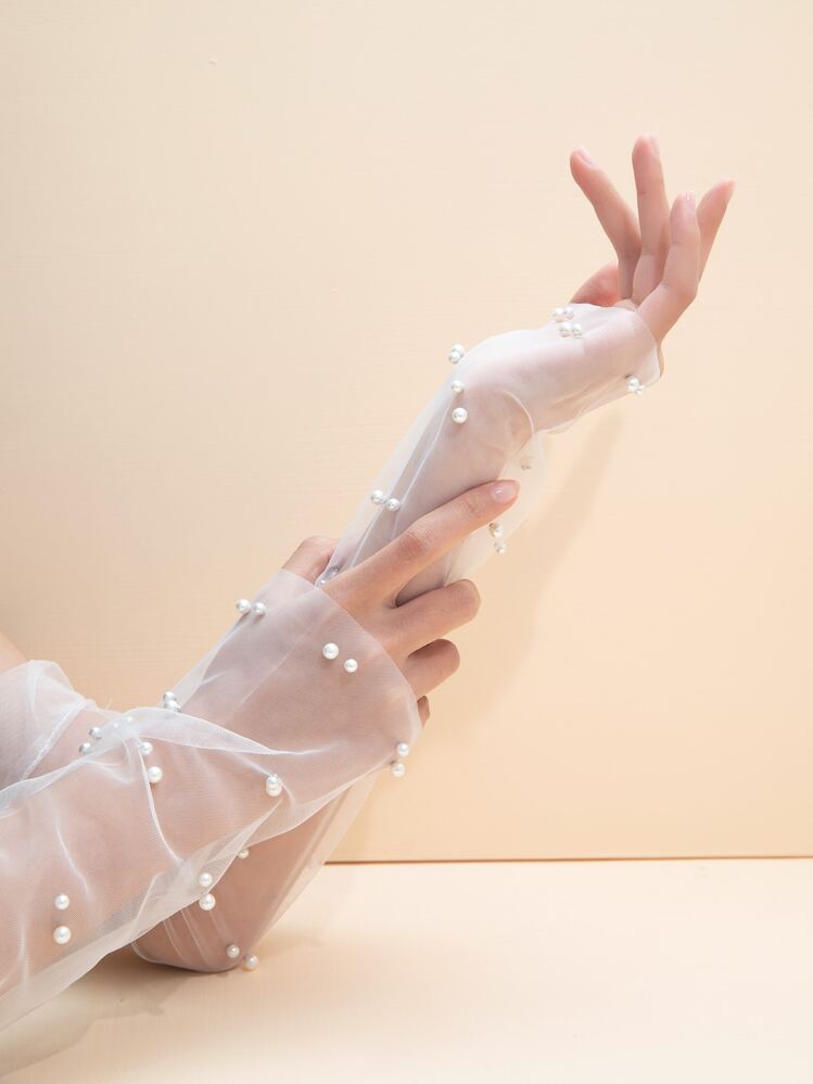 1 Pair Faux Pearl Decor Lace Long Gloves White Gloves,For Summer Dress Autumn Accessories Valentine's Day Accessories - White - View 4