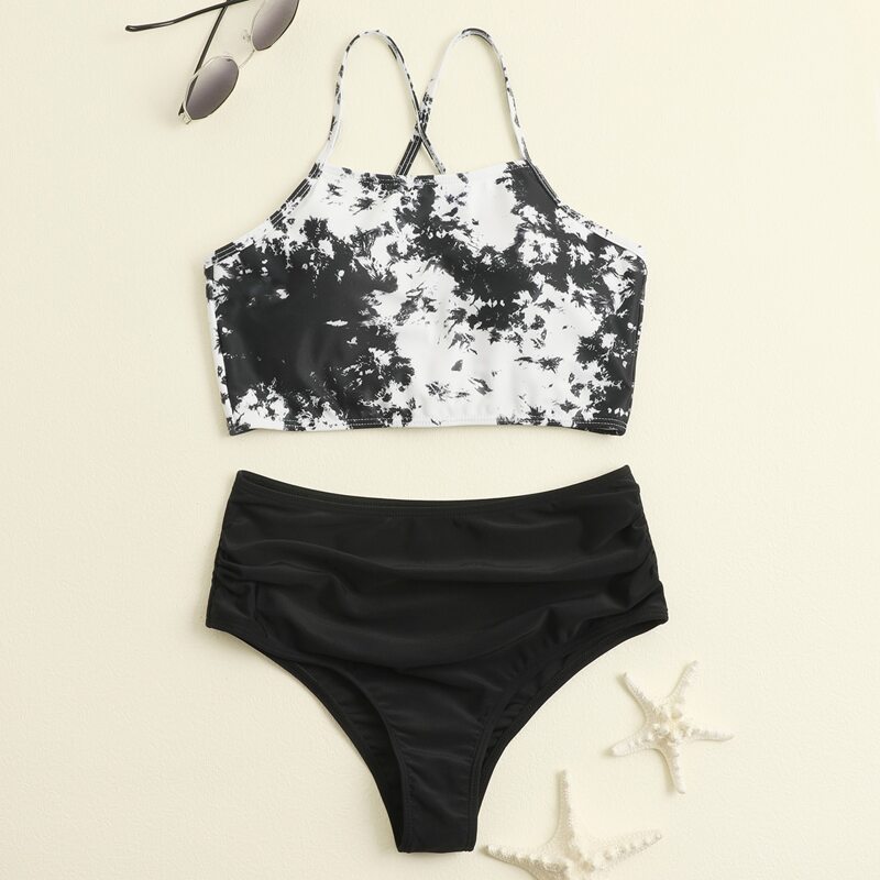 

Tie Dye Lace-up Back Bikini Swimsuit, Black and white