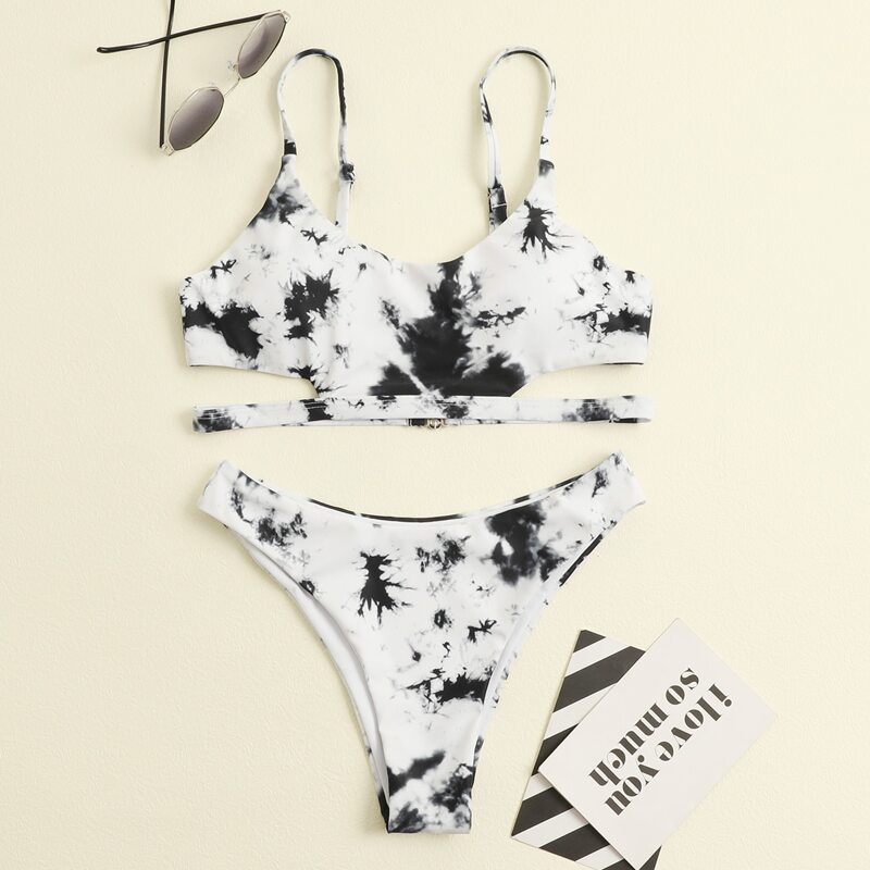 

Tie Dye Cut-out Bikini Swimsuit, Black and white