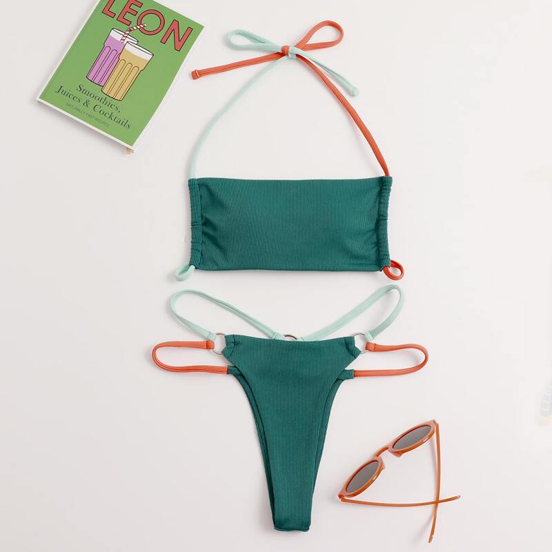 

Ring Decor Thong Bikini Swimsuit, Green