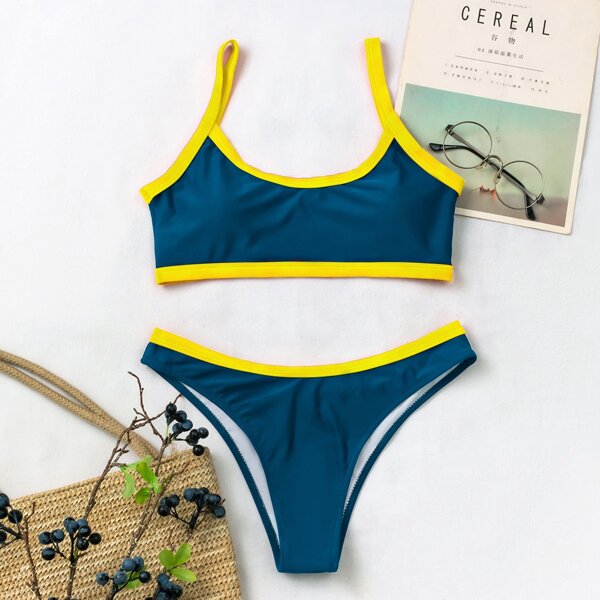 

Contrast Binding Bikini Swimsuit, Blue