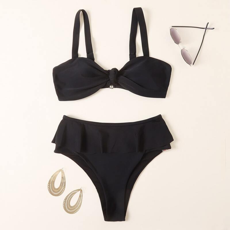 

Knot Front Ruffle Bikini Swimsuit, Black