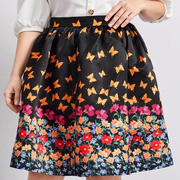 

Plus Floral and Butterfly Print Skirt, Multicolor