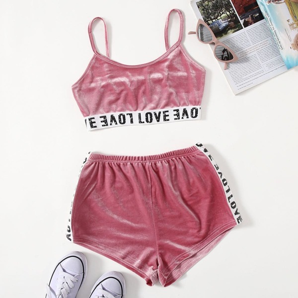 

Velvet Letter Tape Panel Cami Top & Shorts Lounge Set, Dusty pink