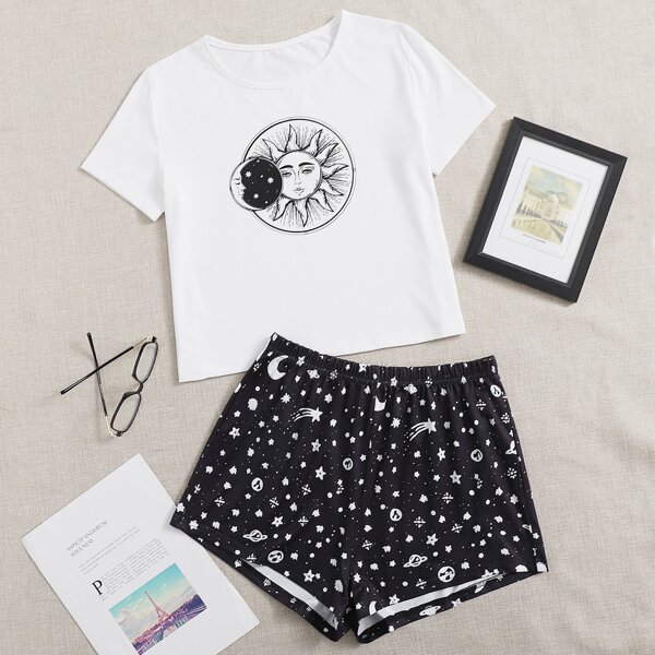 

Galaxy Print Pajama Set, Black and white