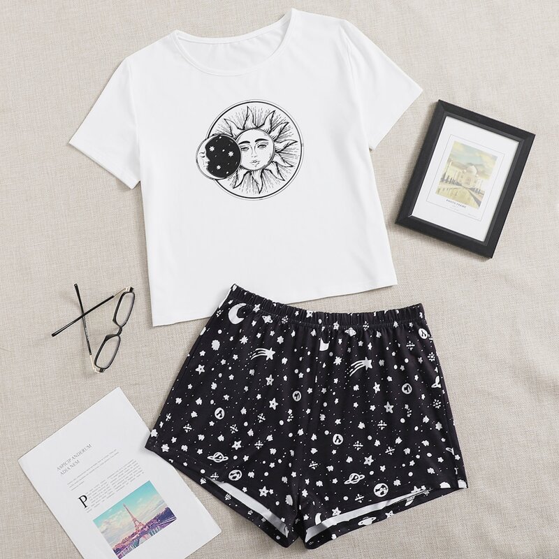 

Galaxy Print Pajama Set, Black and white