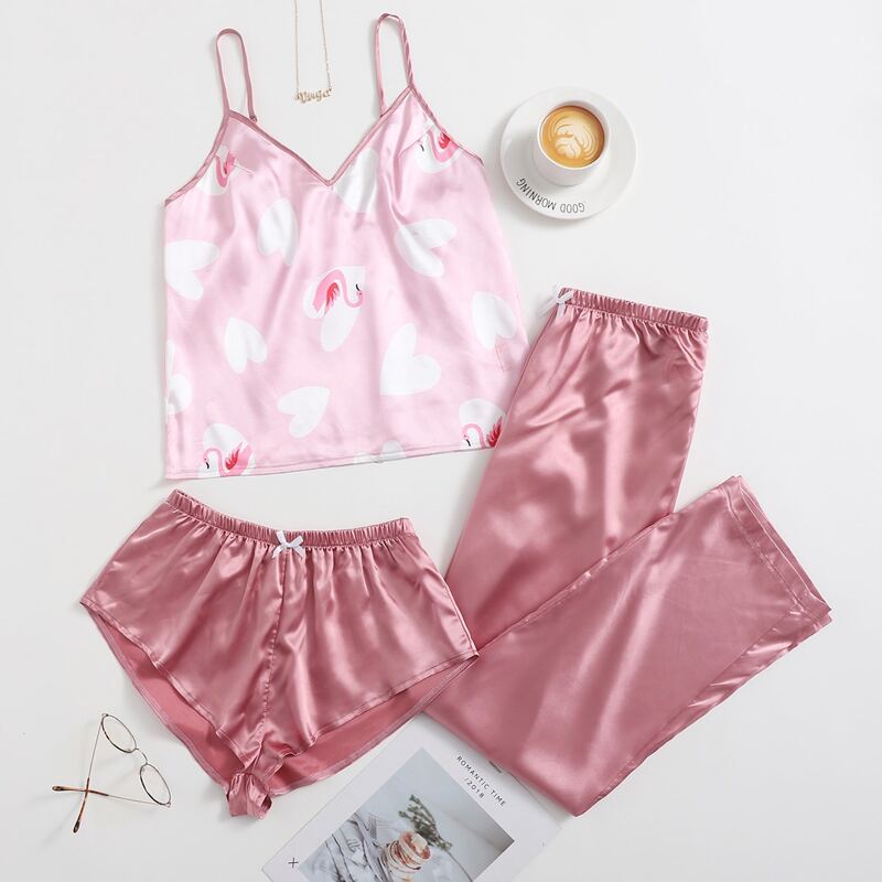 

3pcs Heart And Swan Print Satin Night Set, Dusty pink