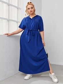 SHEIN Plus Buttoned Half Placket Butterfly Embroidery Hooded Dress