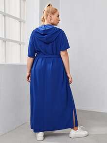 SHEIN Plus Buttoned Half Placket Butterfly Embroidery Hooded Dress