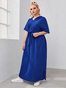 SHEIN Plus Buttoned Half Placket Butterfly Embroidery Hooded Dress