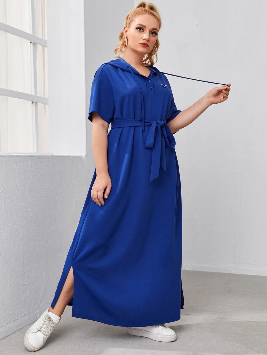 SHEIN Plus Buttoned Half Placket Butterfly Embroidery Hooded Dress