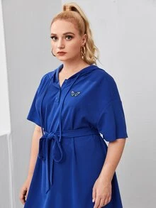 SHEIN Plus Buttoned Half Placket Butterfly Embroidery Hooded Dress