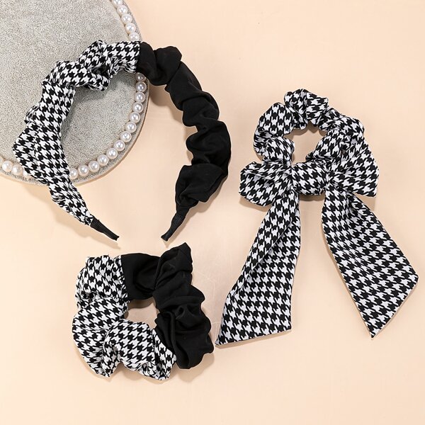 

3pcs Houndstooth Print Hair Accessory, Black and white