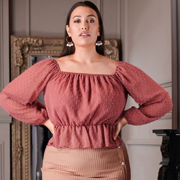 

Plus Square Neck Swiss Dot Peplum Blouse, Dusty pink