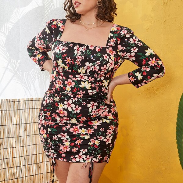 

Plus Allover Floral Print Drawstring Ruched Hem Dress, Multicolor