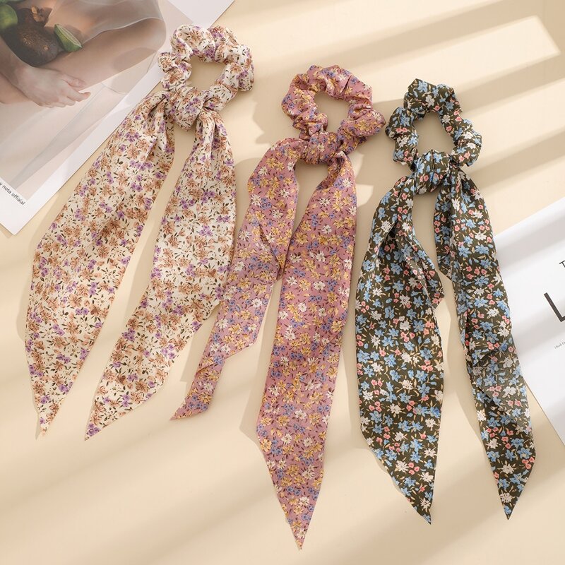 

3pcs Floral Print Scarf Hair Tie, Multicolor
