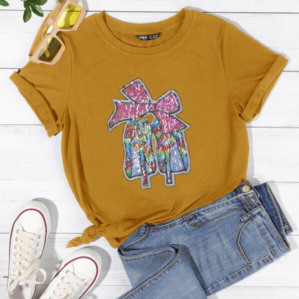 

Contrast Sequin Bow Detail Tee, Mustard yellow